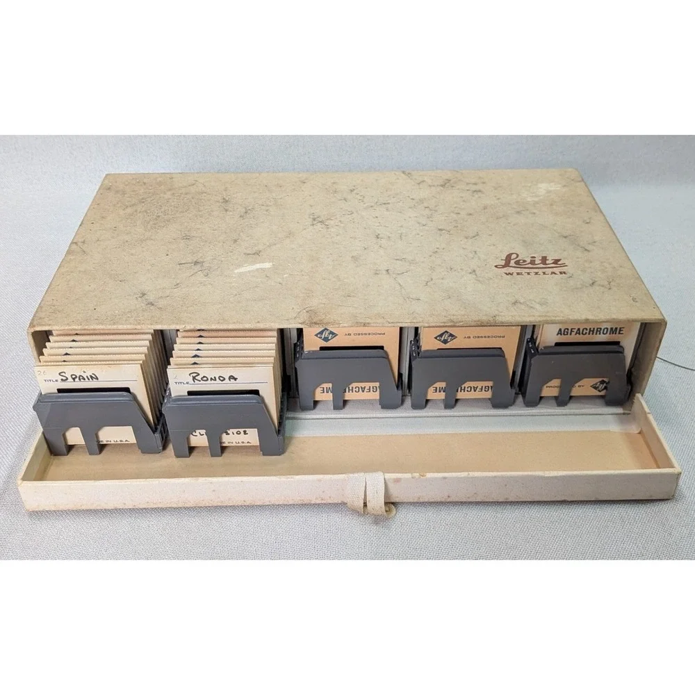 Leitz Wetzlar Slide Storage Box 35mm Agfachrome Spain Travel Vintage 1971 Tan